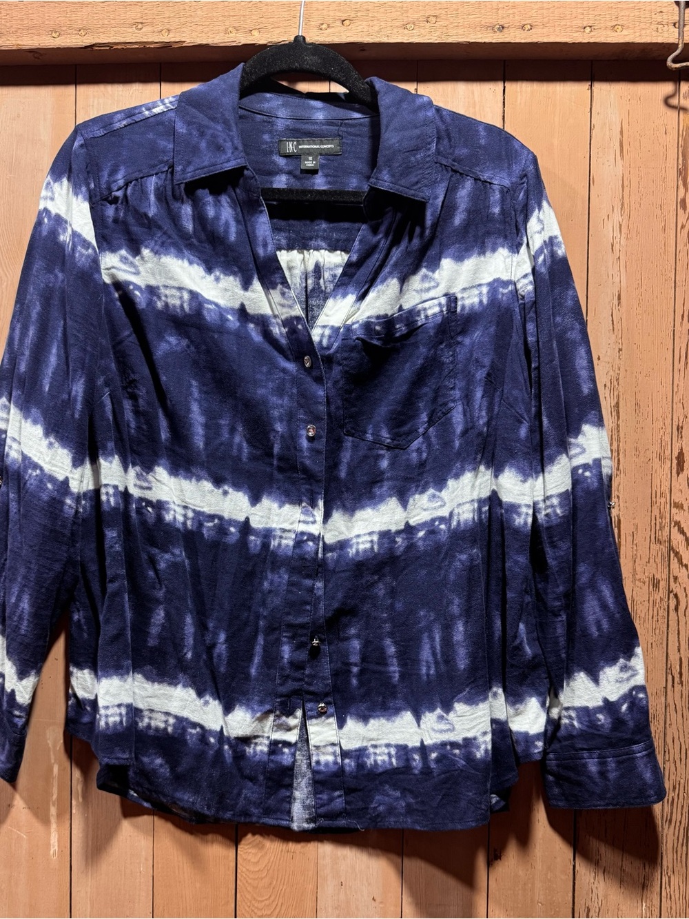 INC International Concepts Navy and White Tie-Dye Jewel-Button-Up Blouse